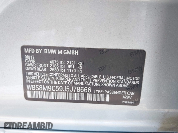 2018 BMW M3 with VIN WBS8M9C59J5J78666, listed as a IAAI auction lot 42522076 with 47,940 mi miles and . Bid and sale history available at DreamBid. Image 9.