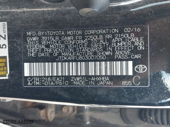 2016 Toyota Prius Four with VIN JTDKARFU8G3007050, listed as a IAAI auction lot 41876386 with 267,553 mi miles. Bid and sale history available at carsss.com. Image 9.