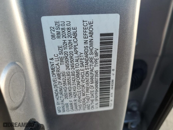 2022 Honda Pilot Sport with VIN 5FNYF6H34NB073545, listed as a Copart auction lot 44372765 with 47,992 mi miles and Salvage Title. Bid and sale history available at carsss.com. Image 13.