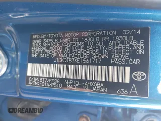 2014 Toyota Prius One with VIN JTDKDTB3XE1561717, listed as a IAAI auction lot 41899029 with 108,658 mi miles and . Bid and sale history available at DreamBid. Image 9.