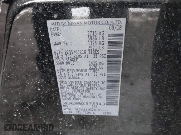 2019 Nissan Pathfinder SV z VIN 5N1DR2MM6KC578343, wystawiony jako IAAI lot #41560234 z przebiegiem 89 640 mil mil oraz . Historia ofert i sprzedaży dostępna na DreamBid. Obrazek 9.