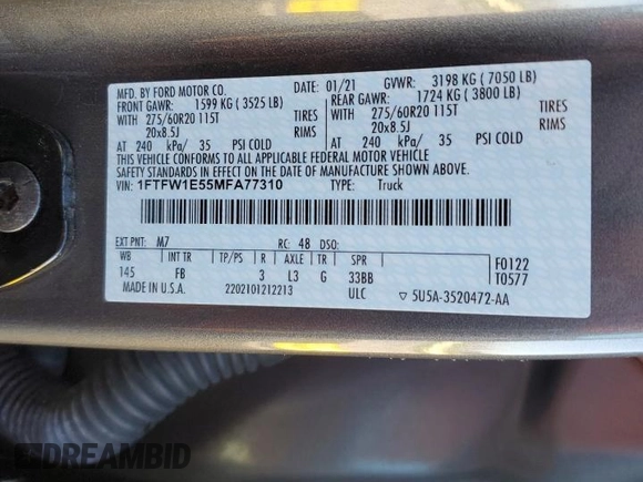 2021 Ford F-150 XL with VIN 1FTFW1E55MFA77310, listed as a Copart auction lot 56179055 with 48,990 mi miles and Salvage title. Bid and sale history available at DreamBid. Image 12.