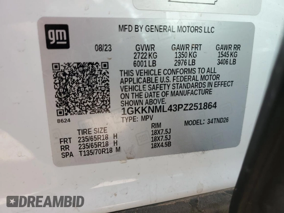 2023 GMC Acadia SLT with VIN 1GKKNML43PZ251864, listed as a Copart auction lot 44423355 with 19,879 mi miles and Salvage Title. Bid and sale history available at DreamBid. Image 13.