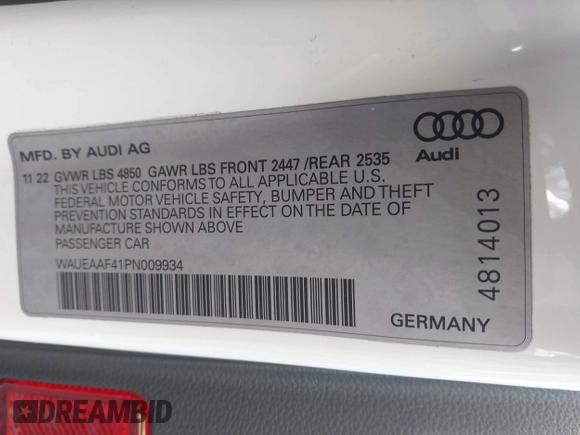 2023 Audi A4 S line Premium Plus with VIN WAUEAAF41PN009934, listed as a IAAI auction lot 42045697 with 49,039 mi miles and . Bid and sale history available at DreamBid. Image 9.