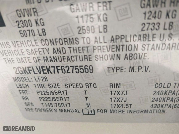 2015 GMC Terrain SLE with VIN 2GKFLVEK7F6275569, listed as a IAAI auction lot 41804179 with 95,573 mi miles. Bid and sale history available at carsss.com. Image 9.