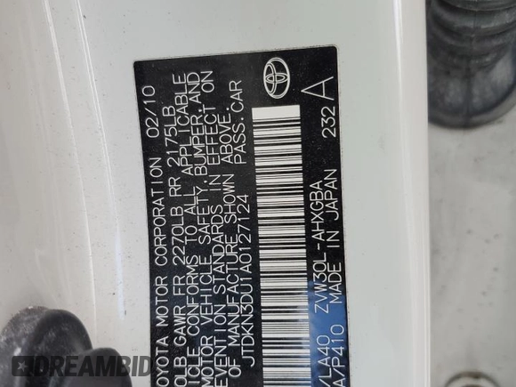 2010 Toyota Prius II z VIN JTDKN3DU1A0127124, wystawiony jako Copart lot #73313634 z przebiegiem 102 687 mil mil oraz Nie do naprawy • Non repairable. Historia ofert i sprzedaży dostępna na DreamBid. Obrazek 12.