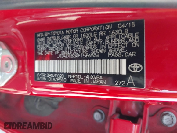 2015 Toyota Prius One with VIN JTDKDTB3XF1586554, listed as a IAAI auction lot 41871704 with 215,609 mi miles and . Bid and sale history available at carsss.com. Image 9.