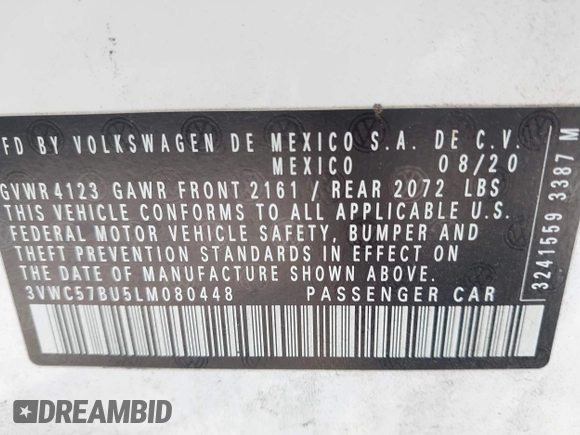 2020 Volkswagen Jetta S z VIN 3VWC57BU5LM080448, wystawiony jako IAAI lot #42267311 z przebiegiem 64 301 mil mil oraz . Historia ofert i sprzedaży dostępna na DreamBid. Obrazek 9.