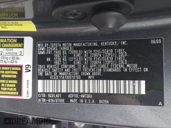 2009 Toyota Venza with VIN 4T3ZE11A19U010180, listed as a IAAI auction lot 41304940 with 178,539 mi miles and . Bid and sale history available at carsss.com. Image 9.