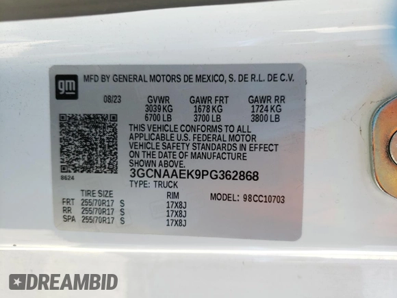 2023 Chevrolet Silverado 1500 Work Truck with VIN 3GCNAAEK9PG362868, listed as a Copart auction lot 50697215 with 110,597 mi miles and Clean Title. Bid and sale history available at carsss.com. Image 12.