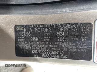 2009 Kia Spectra EX with VIN KNAFE222295604149, listed as a IAAI auction lot 42112191 with 110,708 mi miles and . Bid and sale history available at DreamBid. Image 9.