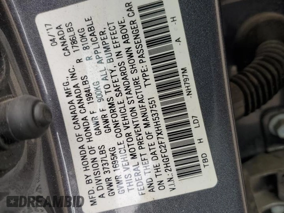 2017 Honda Civic Sedan EX with VIN 2HGFC2F7XHH537551, listed as a Copart auction lot 53935915 with 94,801 mi miles and Salvage Title. Bid and sale history available at carsss.com. Image 12.