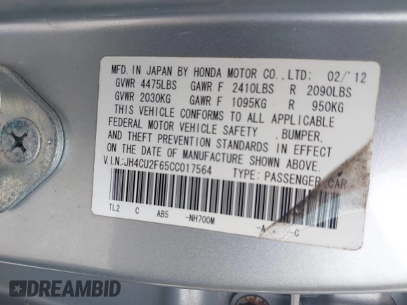 2012 Acura TSX Technology z VIN JH4CU2F65CC017564, wystawiony jako IAAI lot #42705591 z przebiegiem 175 206 mil mil oraz . Historia ofert i sprzedaży dostępna na DreamBid. Obrazek 9.