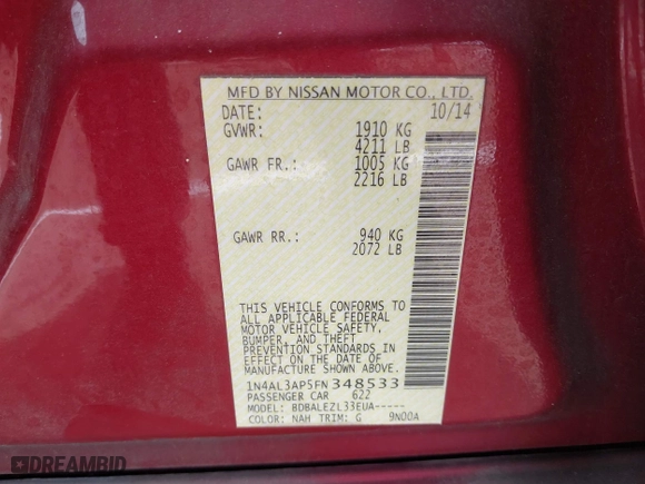 2015 Nissan Altima 2.5 with VIN 1N4AL3AP5FN348533, listed as a IAAI auction lot 41867253 with 104,817 mi miles. Bid and sale history available at carsss.com. Image 9.