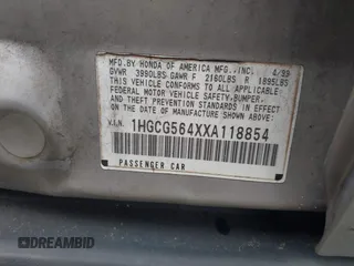 1999 Honda Accord LX с VIN 1HGCG564XXA118854, выставлен на аукционе IAAI как лот 42366600 с пробегом 95 777 миль миль и . История ставок и продаж доступна на DreamBid. Изображение 9.