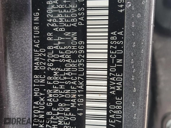 2020 Toyota Camry SE z VIN 4T1G11AK7LU352969, wystawiony jako Copart lot #54168285 z przebiegiem 87 726 mil mil oraz Szkoda całkowita • Salvage title. Historia ofert i sprzedaży dostępna na DreamBid. Obrazek 12.