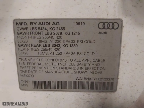 2019 Audi Q5 Premium Plus with VIN WA1BNAFY1K2123370, listed as a IAAI auction lot 41691786 with 56,801 mi miles. Bid and sale history available at carsss.com. Image 9.
