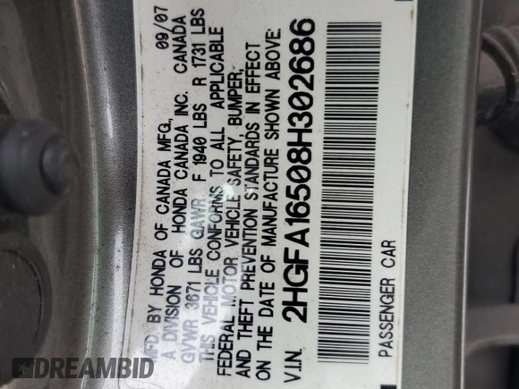2008 Honda Civic LX z VIN 2HGFA16508H302686, wystawiony jako Copart lot #58525985 z przebiegiem 124 055 mil mil oraz Szkoda całkowita • Salvage title. Historia ofert i sprzedaży dostępna na DreamBid. Obrazek 12.