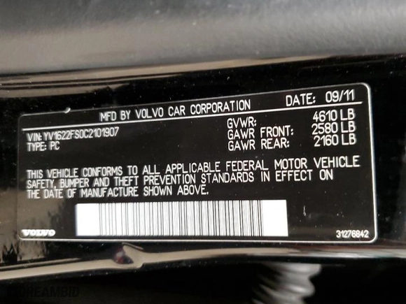 2012 Volvo S60 T5 with VIN YV1622FS0C2101907, listed as a Copart auction lot 53879165 with 116,323 mi miles and Non Repairable. Bid and sale history available at carsss.com. Image 12.