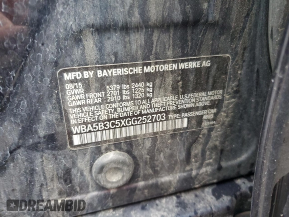 2016 BMW 5 Series 535i xDrive with VIN WBA5B3C5XGG252703, listed as a Copart auction lot 57754425 with 159,036 mi miles and Salvage title. Bid and sale history available at DreamBid. Image 12.