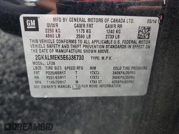 2014 GMC Terrain SLE with VIN 2GKALMEK5E6336730, listed as a Copart auction lot 58909685 with 190,875 mi miles and Salvage title. Bid and sale history available at DreamBid. Image 14.