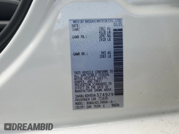 2025 Nissan Altima SV with VIN 1N4BL4DV8SN374929, listed as a Copart auction lot 54321715 with 3,562 mi miles and Salvage Title. Bid and sale history available at DreamBid. Image 12.