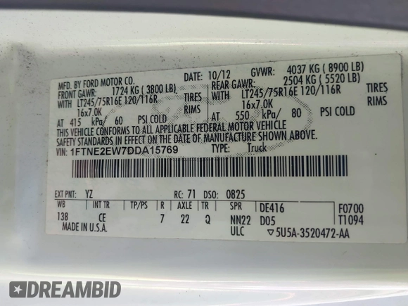 2013 Ford Econoline Cargo Commercial with VIN 1FTNE2EW7DDA15769, listed as a IAAI auction lot 41989021 with 179,557 mi miles and . Bid and sale history available at DreamBid. Image 9.
