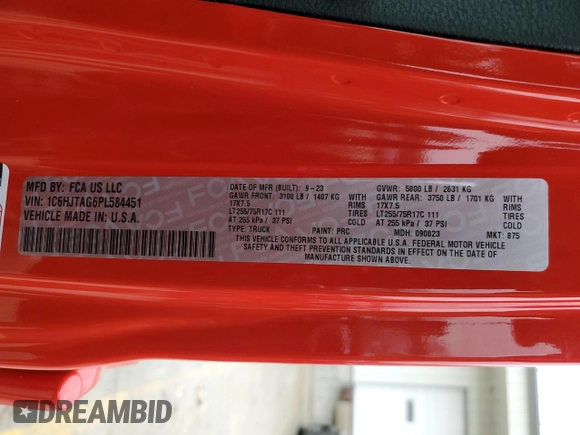 2023 Jeep Gladiator Sport S with VIN 1C6HJTAG6PL584451, listed as a Copart auction lot 47637395 with 8,356 mi miles and Salvage title. Bid and sale history available at DreamBid. Image 13.