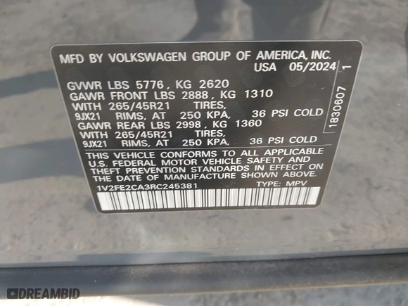 2024 Volkswagen Atlas Cross Sport 2.0T SEL Premium R-Line with VIN 1V2FE2CA3RC245381, listed as a IAAI auction lot 41610093 with 5,022 mi miles. Bid and sale history available at carsss.com. Image 9.