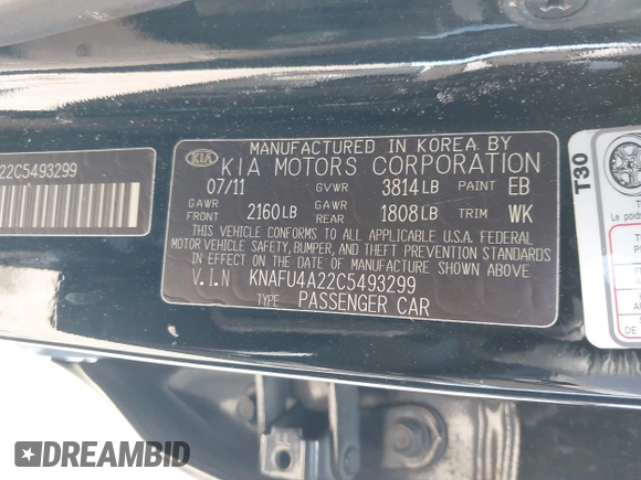 2012 Kia Forte EX with VIN KNAFU4A22C5493299, listed as a IAAI auction lot 41784831 with 218,479 mi miles. Bid and sale history available at carsss.com. Image 9.