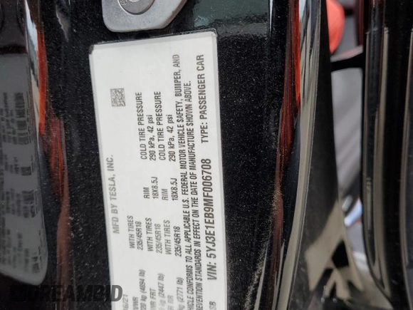 2021 Tesla Model 3 Long Range z VIN 5YJ3E1EB9MF006708, wystawiony jako Copart lot #56230525 z przebiegiem 41 744 mil mil oraz Szkoda całkowita • Salvage title. Historia ofert i sprzedaży dostępna na DreamBid. Obrazek 12.