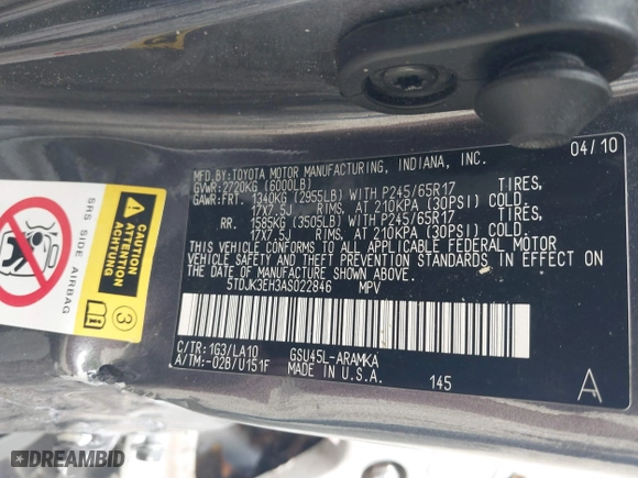2010 Toyota Highlander SE with VIN 5TDJK3EH3AS022846, listed as a IAAI auction lot 40202093 with 1 mi miles. Bid and sale history available at carsss.com. Image 9.