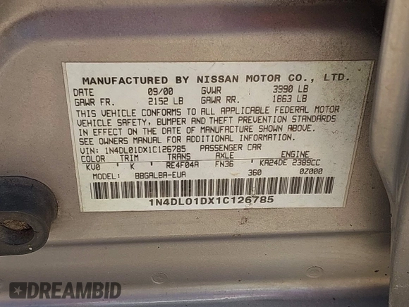 2001 Nissan Altima GXE with VIN 1N4DL01DX1C126785, listed as a IAAI auction lot 42117117 with 224,262 mi miles and . Bid and sale history available at carsss.com. Image 9.