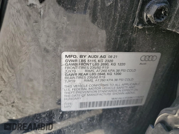 2022 Audi Q3 Premium with VIN WA1AUCF33N1019293, listed as a Copart auction lot 82408964 with 23,620 mi miles and Salvage Title. Bid and sale history available at carsss.com. Image 14.