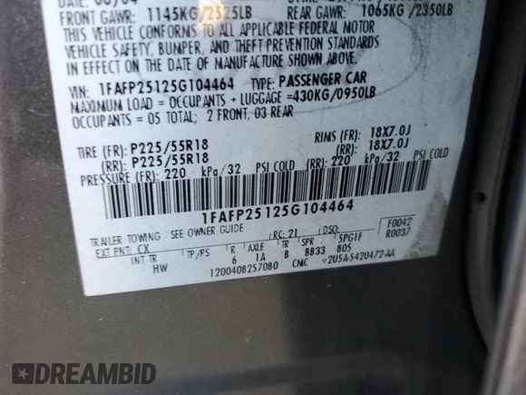2005 Ford Five Hundred Limited with VIN 1FAFP25125G104464, listed as a Copart auction lot 84742674 with 234,363 mi miles and Salvage Title. Bid and sale history available at carsss.com. Image 13.