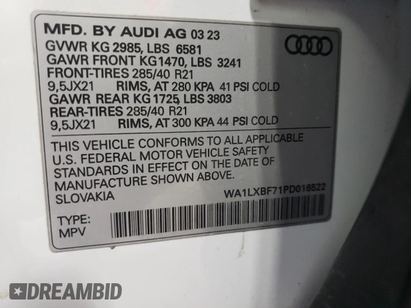 2023 Audi Q7 Premium Plus with VIN WA1LXBF71PD016522, listed as a Copart auction lot 55307155 with 24,025 mi miles and Salvage title. Bid and sale history available at DreamBid. Image 14.
