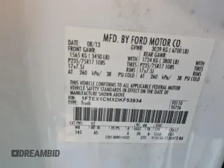 2013 Ford F-150 XL with VIN 1FTEX1CMXDKF53934, listed as a Copart auction lot 61423695 with 200,744 mi miles and Clean title. Bid and sale history available at DreamBid. Image 12.