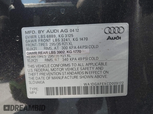2012 Audi Q7 3.0T S line with VIN WA1DGAFEXCD009172, listed as a IAAI auction lot 42029533 with 105,815 mi miles. Bid and sale history available at carsss.com. Image 9.