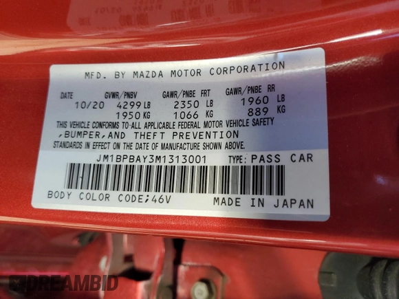 2021 Mazda 3 2.5 Turbo with VIN JM1BPBAY3M1313001, listed as a Copart auction lot 84344604 with 35,734 mi miles and Salvage Title. Bid and sale history available at DreamBid. Image 12.