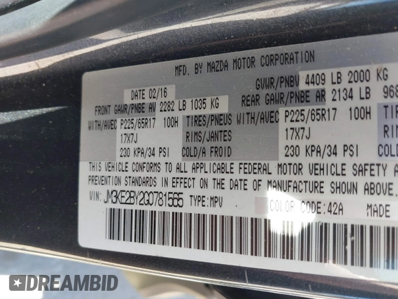 2016 Mazda CX-5 Sport with VIN JM3KE2BY2G0781565, listed as a IAAI auction lot 42042256 with 182,186 mi miles. Bid and sale history available at carsss.com. Image 9.