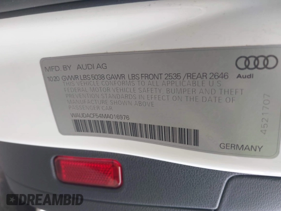 2021 Audi A5 Sportback S line Premium with VIN WAUDACF54MA016976, listed as a IAAI auction lot 41534802 with 16,606 mi miles. Bid and sale history available at carsss.com. Image 9.