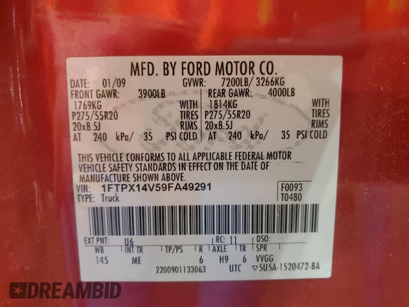 2009 Ford F-150 XL with VIN 1FTPX14V59FA49291, listed as a Copart auction lot 63083155 with 206,826 mi miles and Salvage title. Bid and sale history available at DreamBid. Image 12.