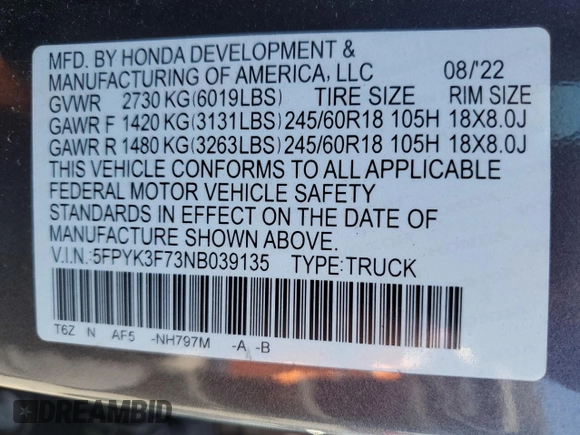 2022 Honda Ridgeline RTL-E with VIN 5FPYK3F73NB039135, listed as a Copart auction lot 60512115 with 27,348 mi miles and Salvage title. Bid and sale history available at DreamBid. Image 13.