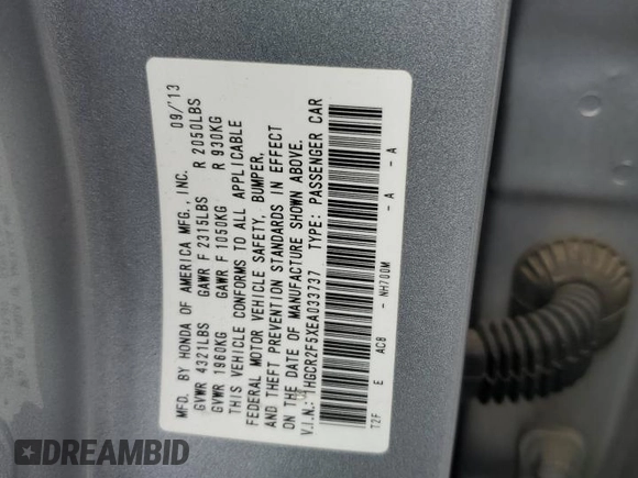 2014 Honda Accord Sedan Sport with VIN 1HGCR2F5XEA033737, listed as a Copart auction lot 52454755 with 138,838 mi miles and Salvage Title. Bid and sale history available at carsss.com. Image 14.