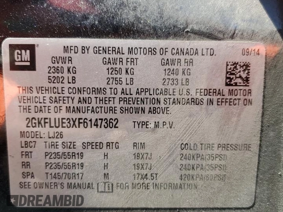 2015 GMC Terrain Denali with VIN 2GKFLUE3XF6147362, listed as a Copart auction lot 52521935 with 166,350 mi miles and Salvage Title. Bid and sale history available at DreamBid. Image 15.