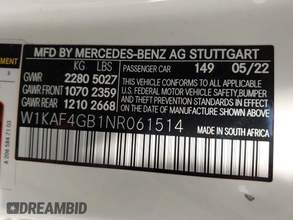 2022 Mercedes-Benz C 300 with VIN W1KAF4GB1NR061514, listed as a IAAI auction lot 41887174 with 32,732 mi miles and . Bid and sale history available at DreamBid. Image 9.
