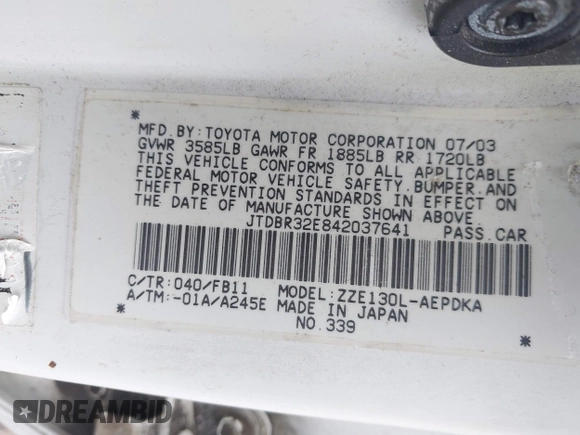2004 Toyota Corolla CE with VIN JTDBR32E842037641, listed as a IAAI auction lot 42192912 with 191,295 mi miles and . Bid and sale history available at DreamBid. Image 9.
