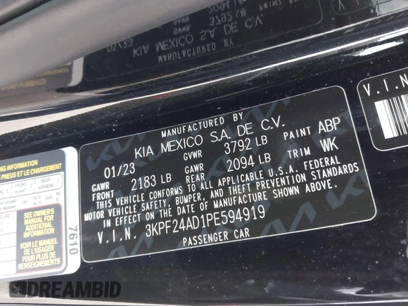 2023 Kia Forte LXS with VIN 3KPF24AD1PE594919, listed as a IAAI auction lot 42158476 with 34,719 mi miles and . Bid and sale history available at DreamBid. Image 9.