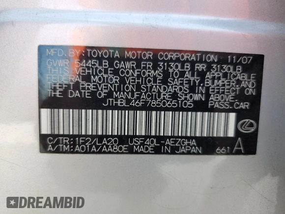 2008 Lexus LS 460 z VIN JTHBL46F785065105, wystawiony jako Copart lot #66089815 z przebiegiem 83 023 mil mil oraz Czysty tytuł • Clean title. Historia ofert i sprzedaży dostępna na DreamBid. Obrazek 12.