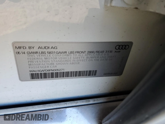 2015 Audi A8 3.0T with VIN WAU3GAFD8FN005271, listed as a Copart auction lot 64262595 with 88,931 mi miles and Salvage title. Bid and sale history available at DreamBid. Image 12.